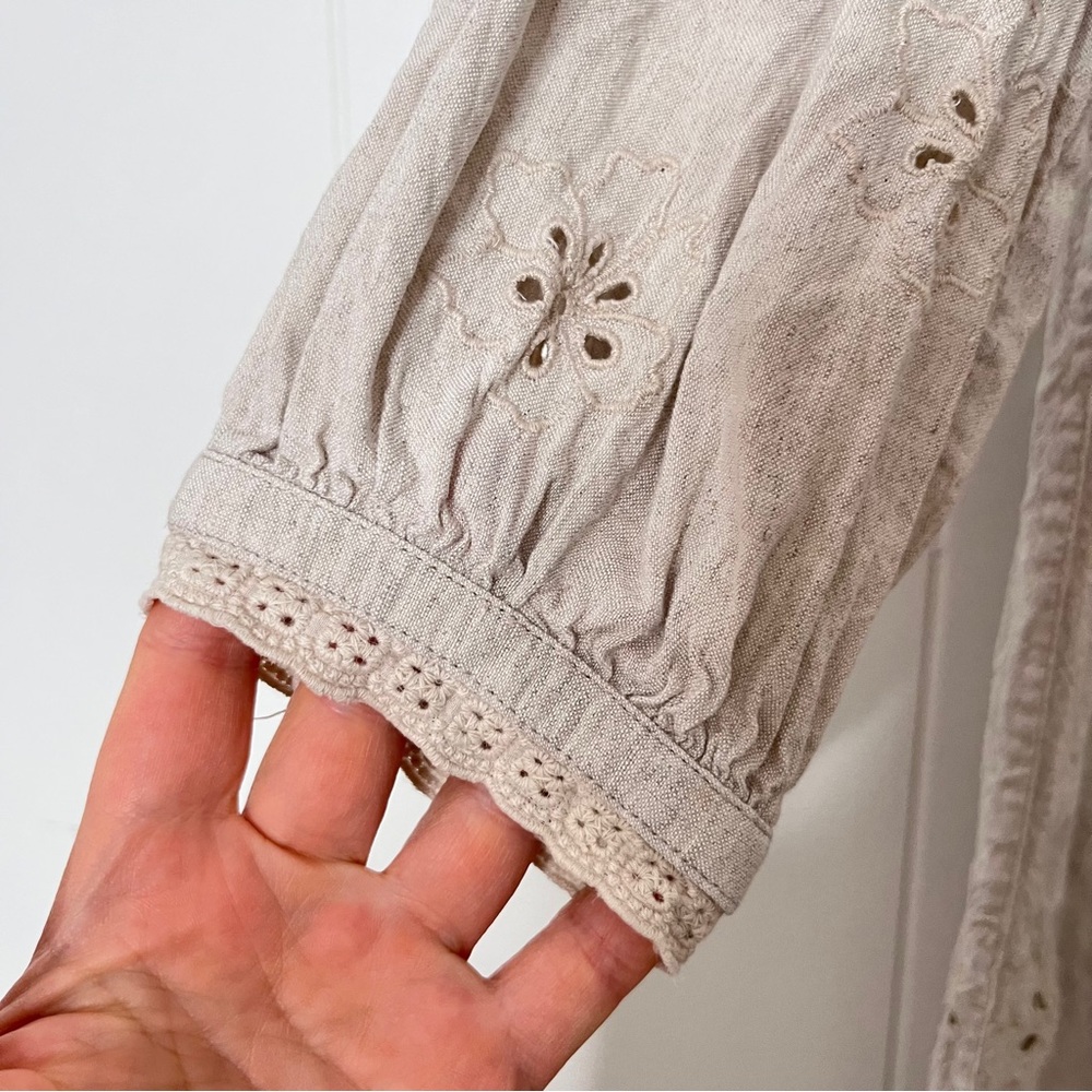 Tommy Bahama St. Lucia Linen Tan Eyelet Mini Dress Coastal Balloon Sleeve Size S - Picture 7 of 10